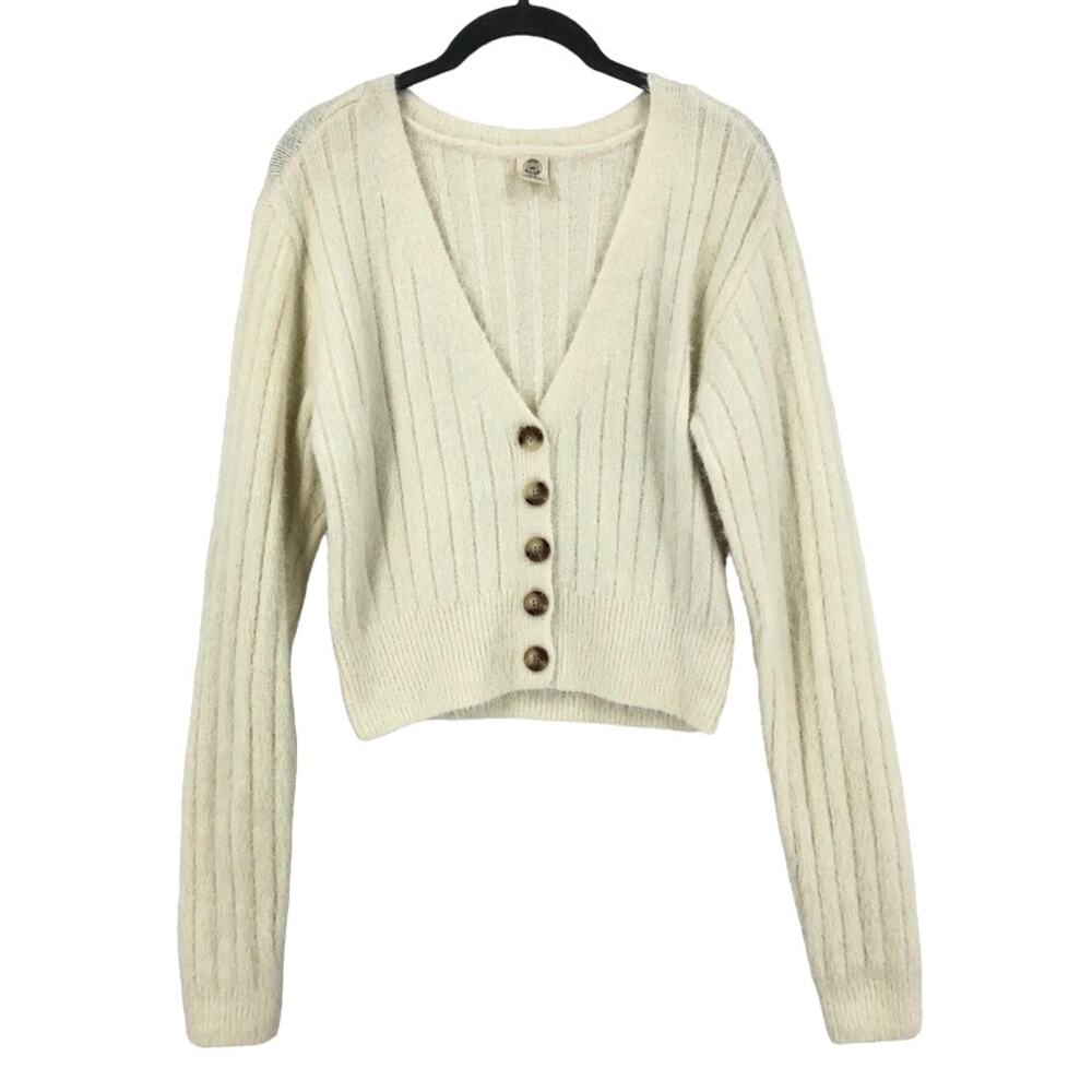 Urban Outfitters Cardigan Sweater Cropped Women's Medium Cream Rib Knit Button